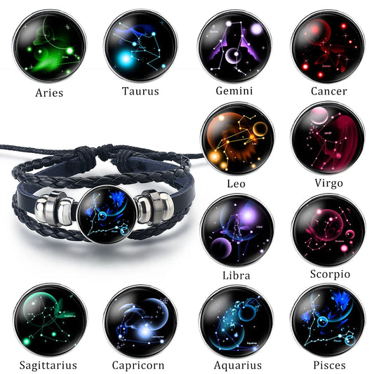 12 Zodiac Constellation Charm Bracelet: Multi-layer Leather Couple Bracelet