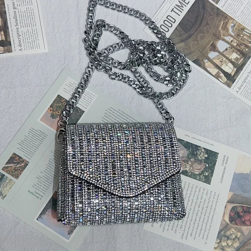 Female Bling Chain Crossbody Bag Ladies Mini Rhinestone Small Envelop Shoulder Purse Full Diamond Messenger Evening Bag