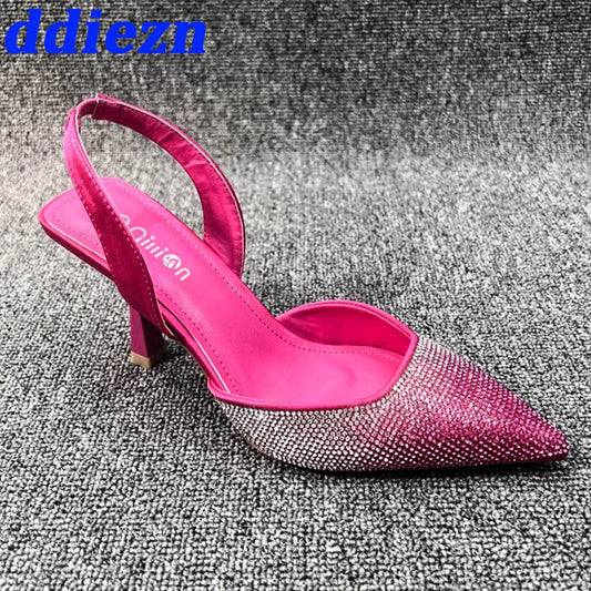 Fashion Pointed Toe Women Heels Sandals Slingbacks 2024 Luxury Slides Female Rhinestones Shallow Ladies High Heels Pumps Shoes