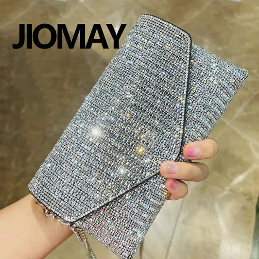 JIOMAY Rhinestone Purse Hand Bags For Women 2023 New Luxury Designer Handbags Fashion Trends Chain Silver Purse Party Bags