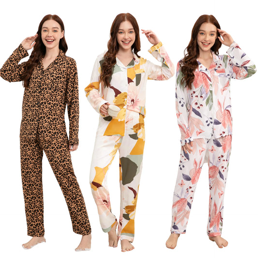 Spring Summer New 100% Viscose Long-sleeved Trousers Ladies Pajamas Suit Long Sleepwear Women's Home Nightwear Plus Size 3XL