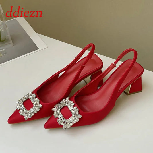 Elegant Crystal Ladies Pumps: Red High Heel Sandals for Summer Weddings