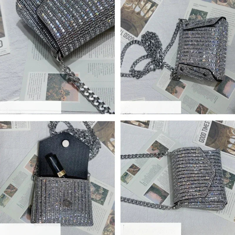 Female Bling Chain Crossbody Bag Ladies Mini Rhinestone Small Envelop Shoulder Purse Full Diamond Messenger Evening Bag