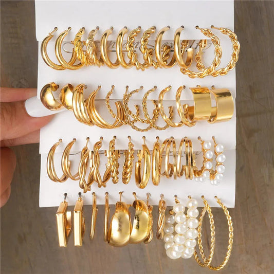 Boho Big Circle Hoop Earring Set for Women, Gold Color Bohemia Vintage Pearl Earring, Heart Zircon Ear Studs Jewelry Gifts
